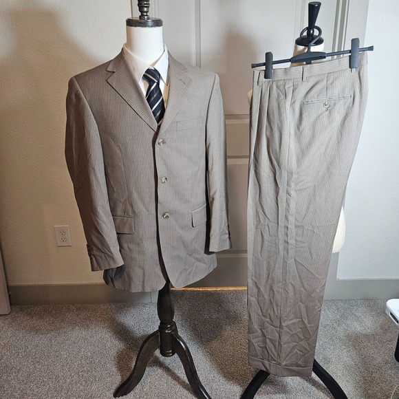 Lineage 2PCs Suit Blazer Men 39R Pants 33x30 Wool Blend Khaki Pinstriped - Picture 1 of 16